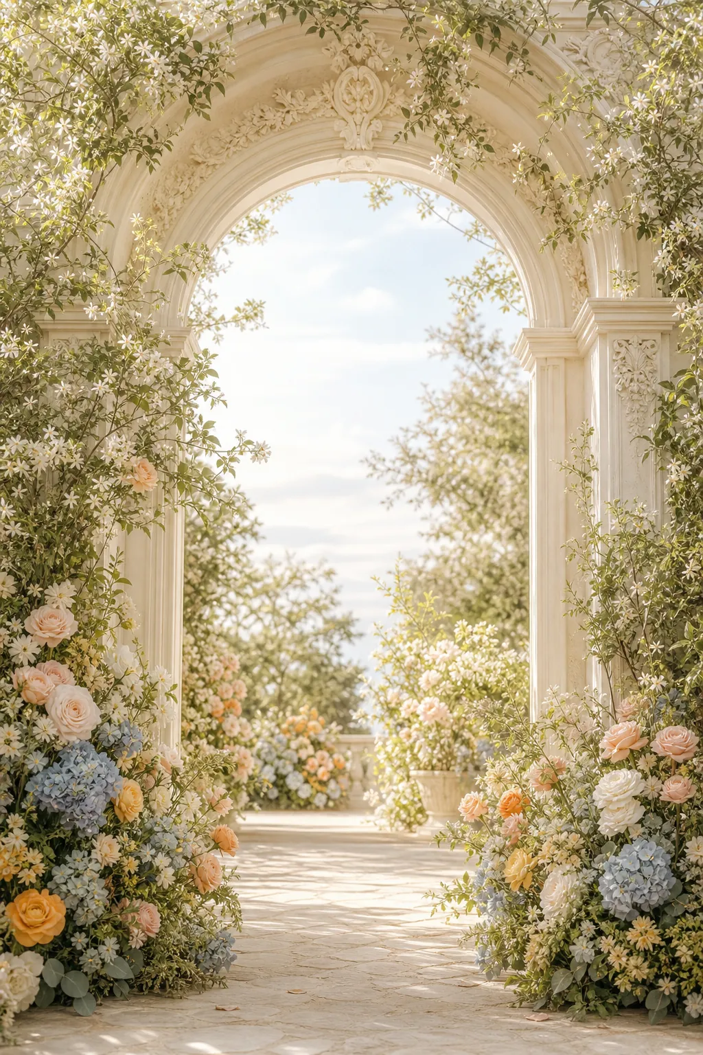 A sunlit ivory garden arch overflowing with blush roses, blue hydrangeas, and jasmine.