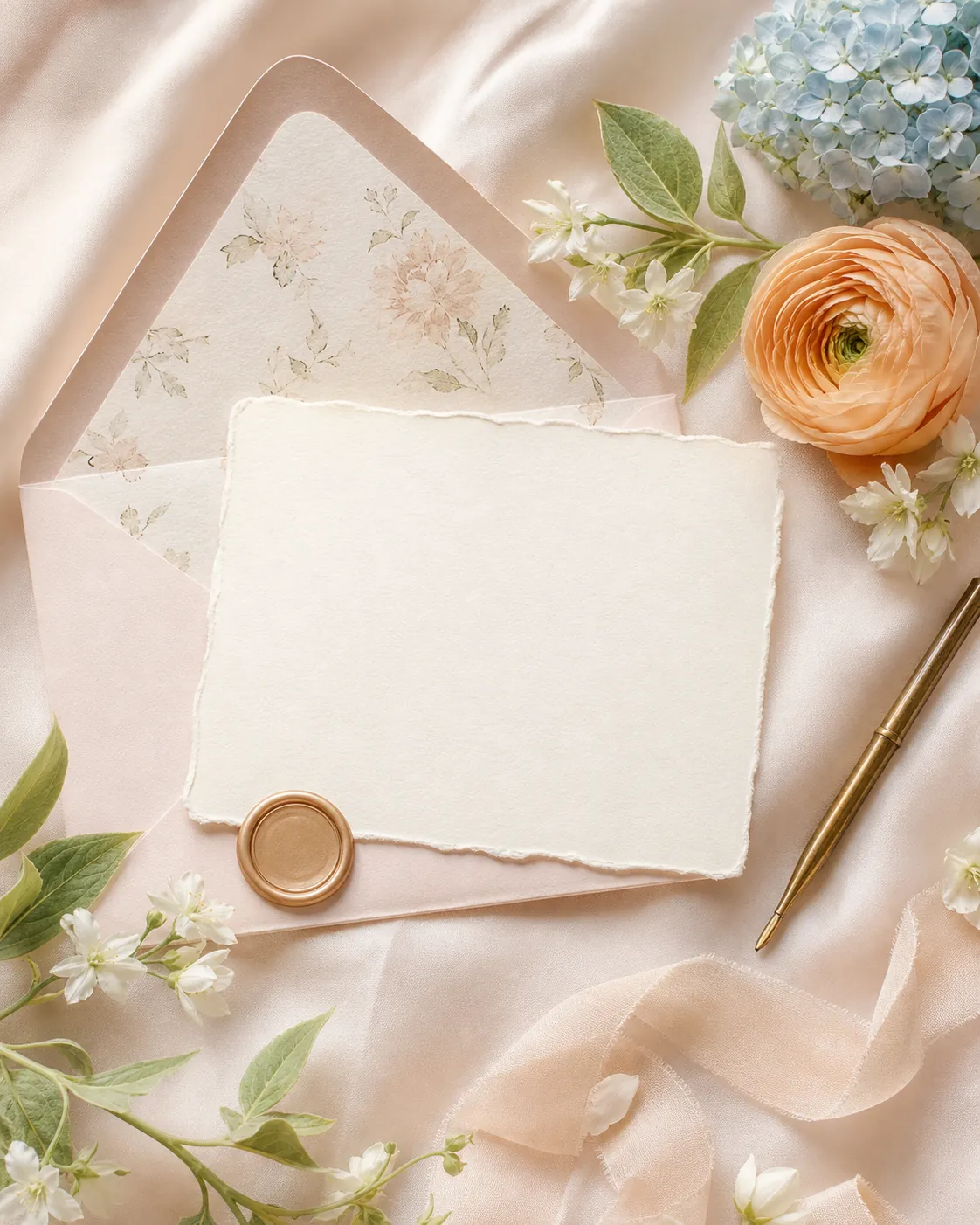 Deckle-edge response card resting on blush silk beside pale flowers, a botanical envelope, ribbon, and a brass pen.